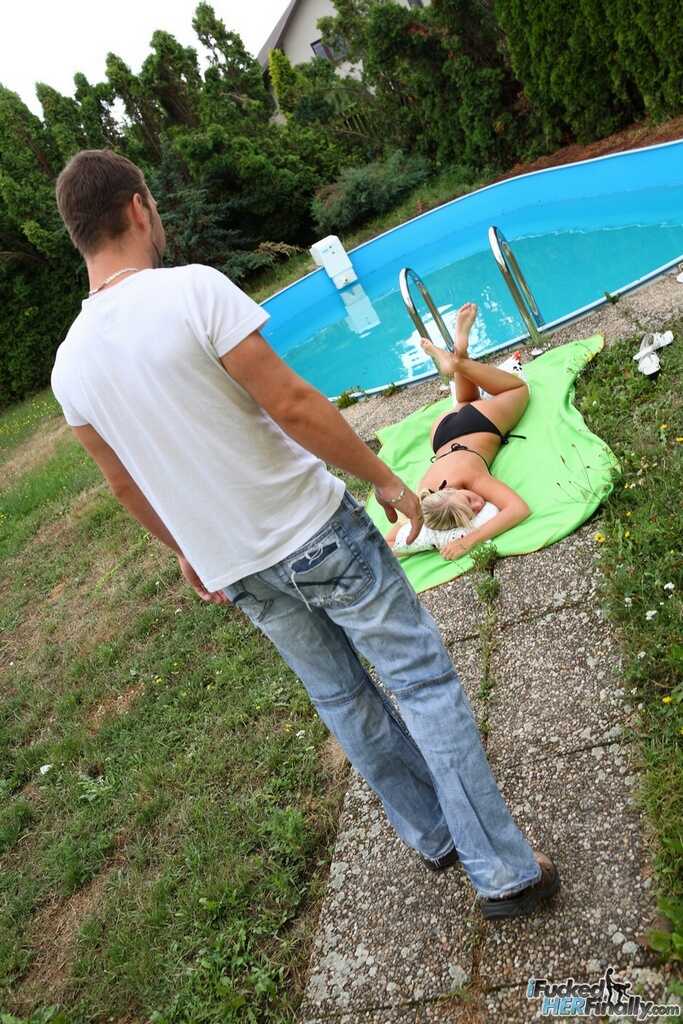 Blonde bikini teen gets cum on her face after fucking next to swimming pool in amateur blowjob and facial scene with big t...