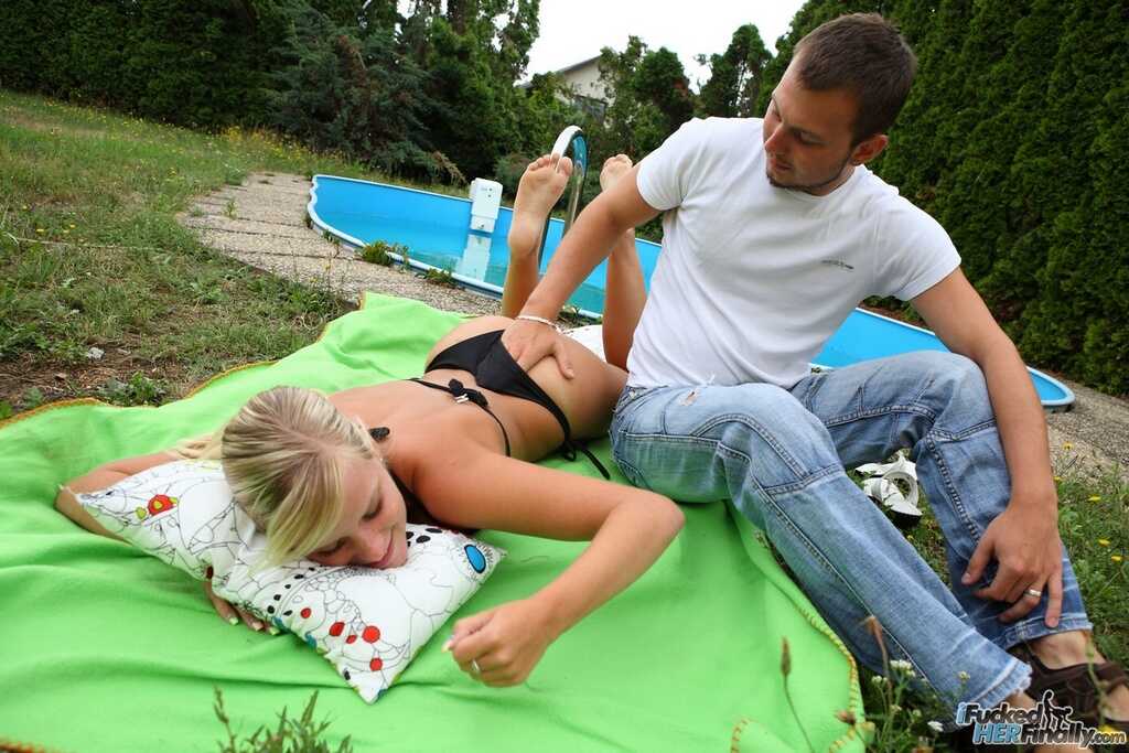 Blonde bikini teen gets cum on her face after fucking next to swimming pool in amateur blowjob and facial scene with big t...