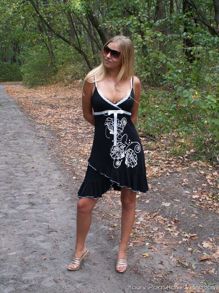 Lizie's Naughty Striptease on a Rural Road Blonde Bombshell with Huge Boobs Exposes Her Young Body - Lizie