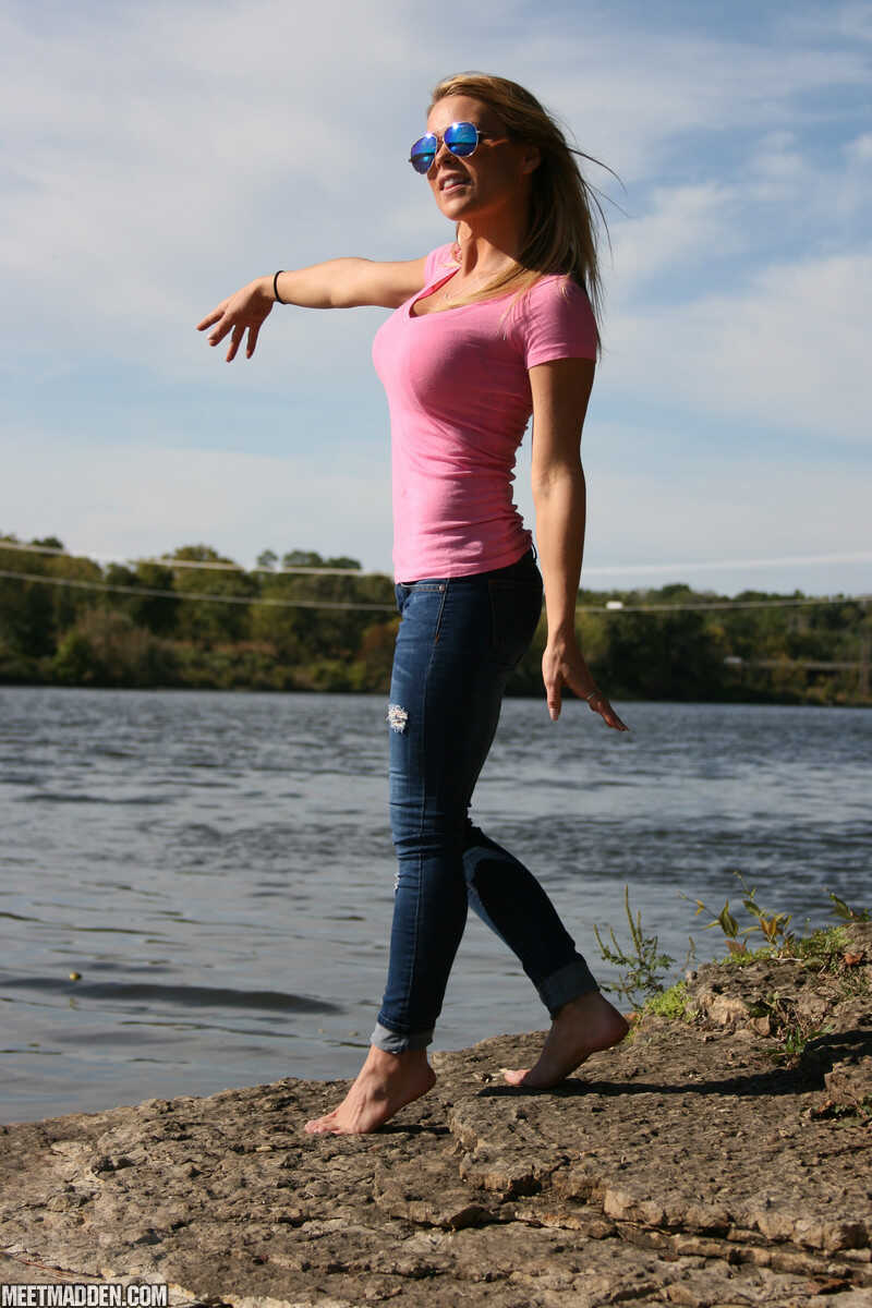 Blonde Amateur Exposes Her Lace Underwear During Waterside Walk in Blue Jeans Meet Madden - Meet Madden