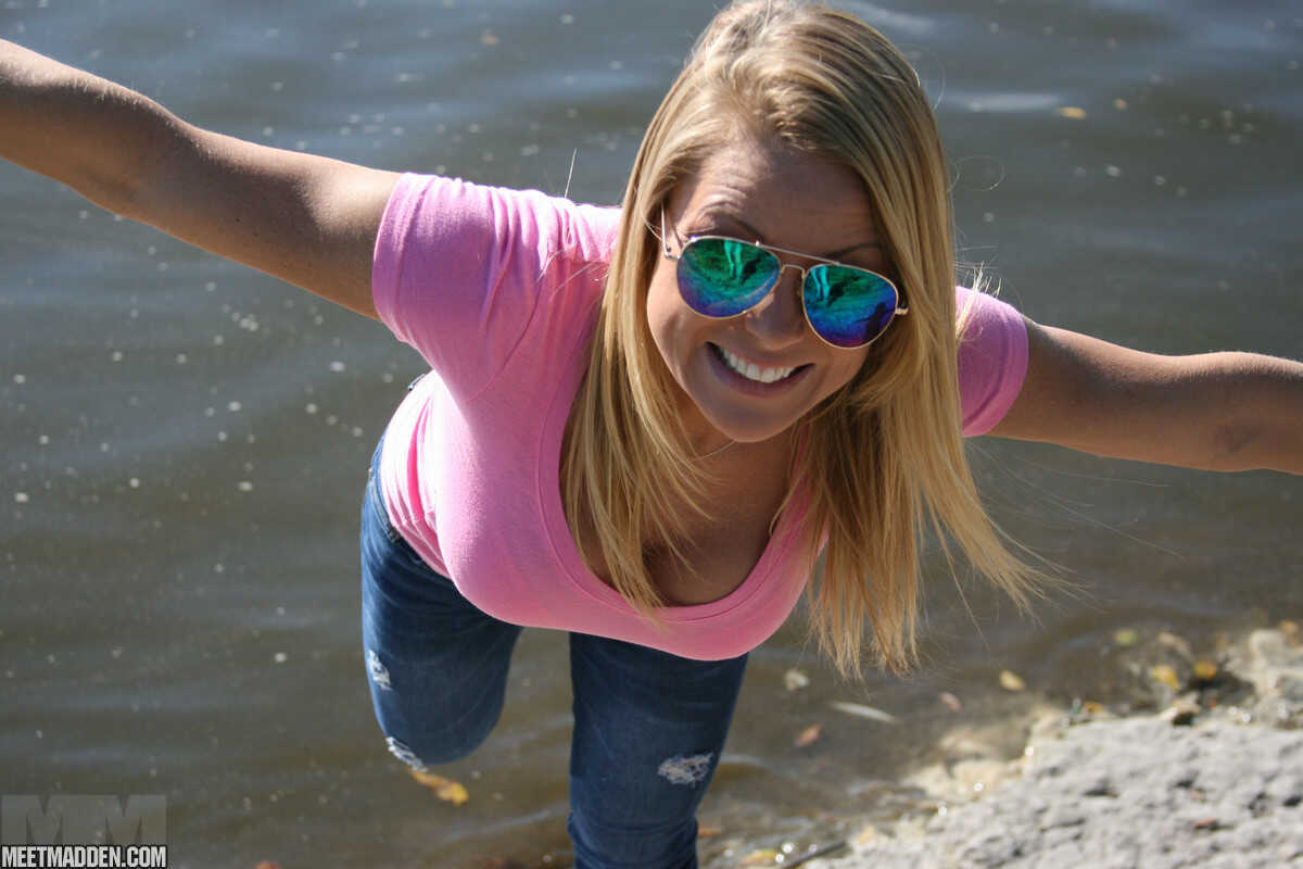 Blonde Amateur Exposes Her Lace Underwear During Waterside Walk in Blue Jeans Meet Madden - Meet Madden