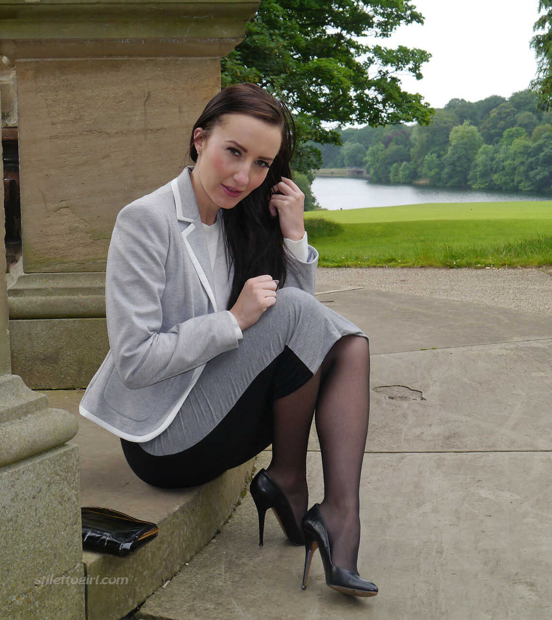 Sophisticated Sophia Descends Park Steps in a Long Skirt and Stiletto Heels