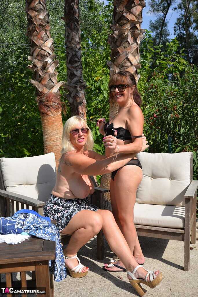 Sun-kissed Seduction: Overweight Lesbian Lovers Help Each Other Get Naked on a Wooded Patio in Sunglasses - Melody Charm