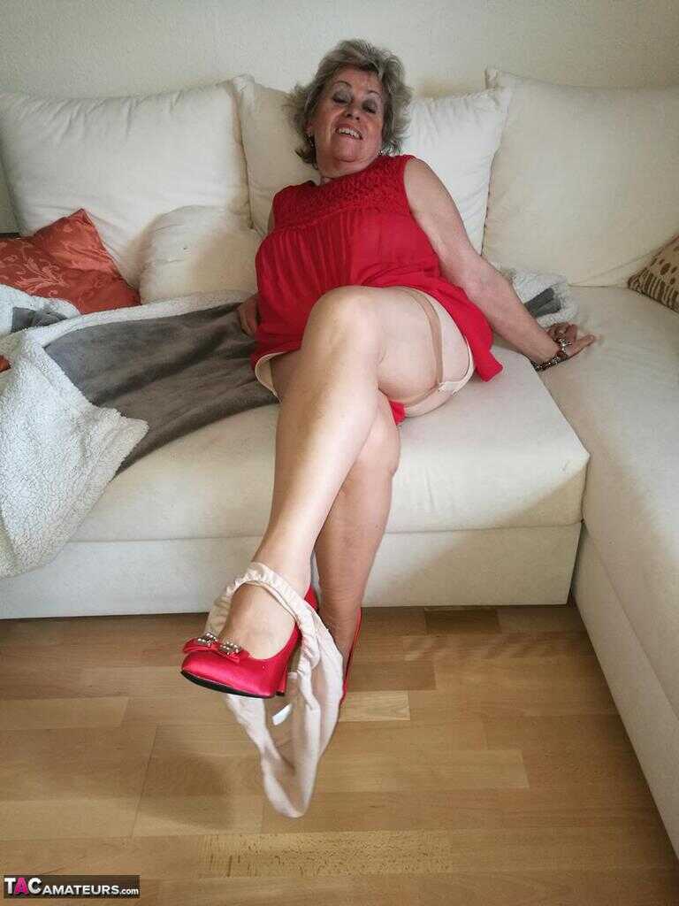Granny Caro's Hairy Vagina on Display as She Hikes up Her Red Dress During a Hike in the Woods - Caro