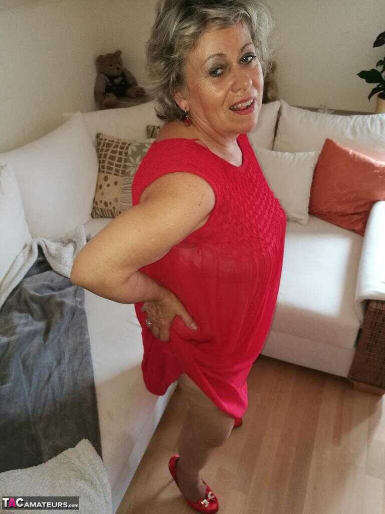 Granny Caro's Hairy Vagina on Display as She Hikes up Her Red Dress During a Hike in the Woods - Caro