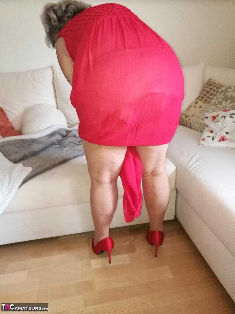 Granny Caro's Hairy Vagina on Display as She Hikes up Her Red Dress During a Hike in the Woods - Caro