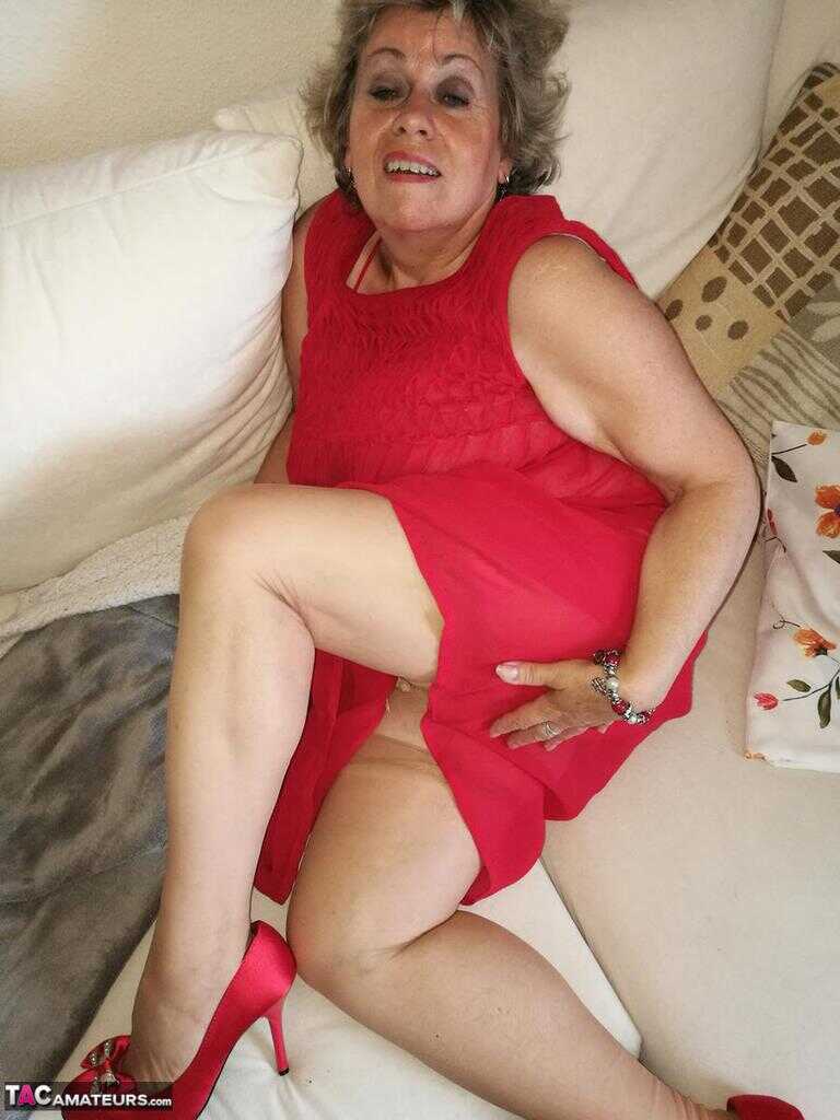 Granny Caro's Hairy Vagina on Display as She Hikes up Her Red Dress During a Hike in the Woods - Caro