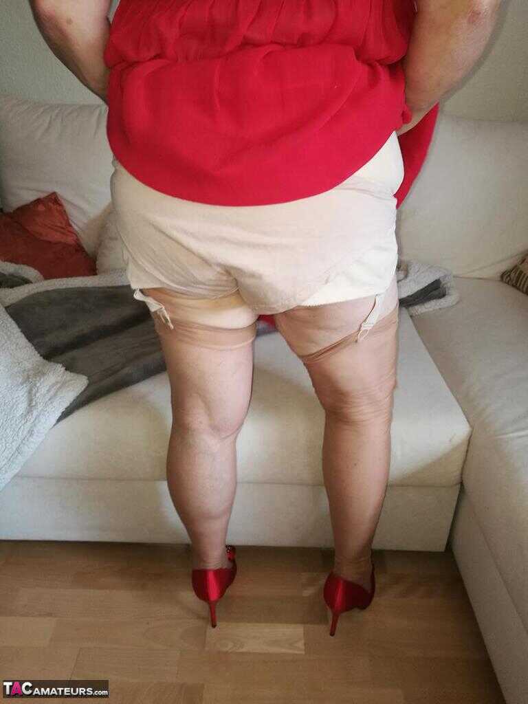 Granny Caro's Hairy Vagina on Display as She Hikes up Her Red Dress During a Hike in the Woods - Caro