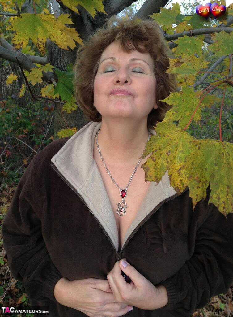 Busty Breeze Uncovers her Huge Natural Tits in the Fall, Underneath a Tree with Older Woman - Busty Bliss