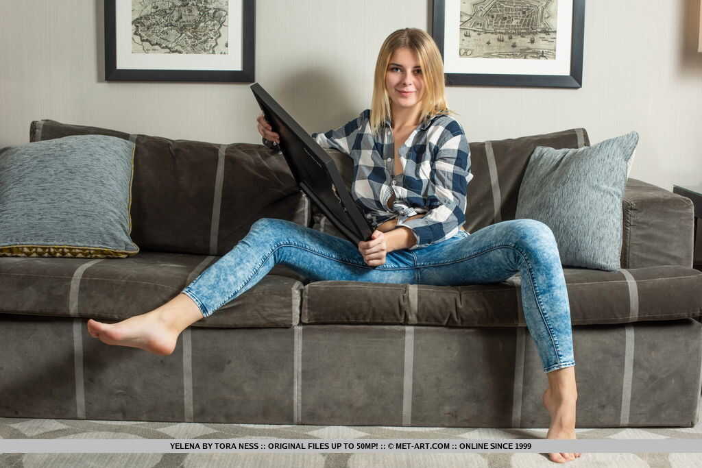 Sweet teen Yelena strips her jeans off to showcase her meaty pussy and big tits. - Yelena