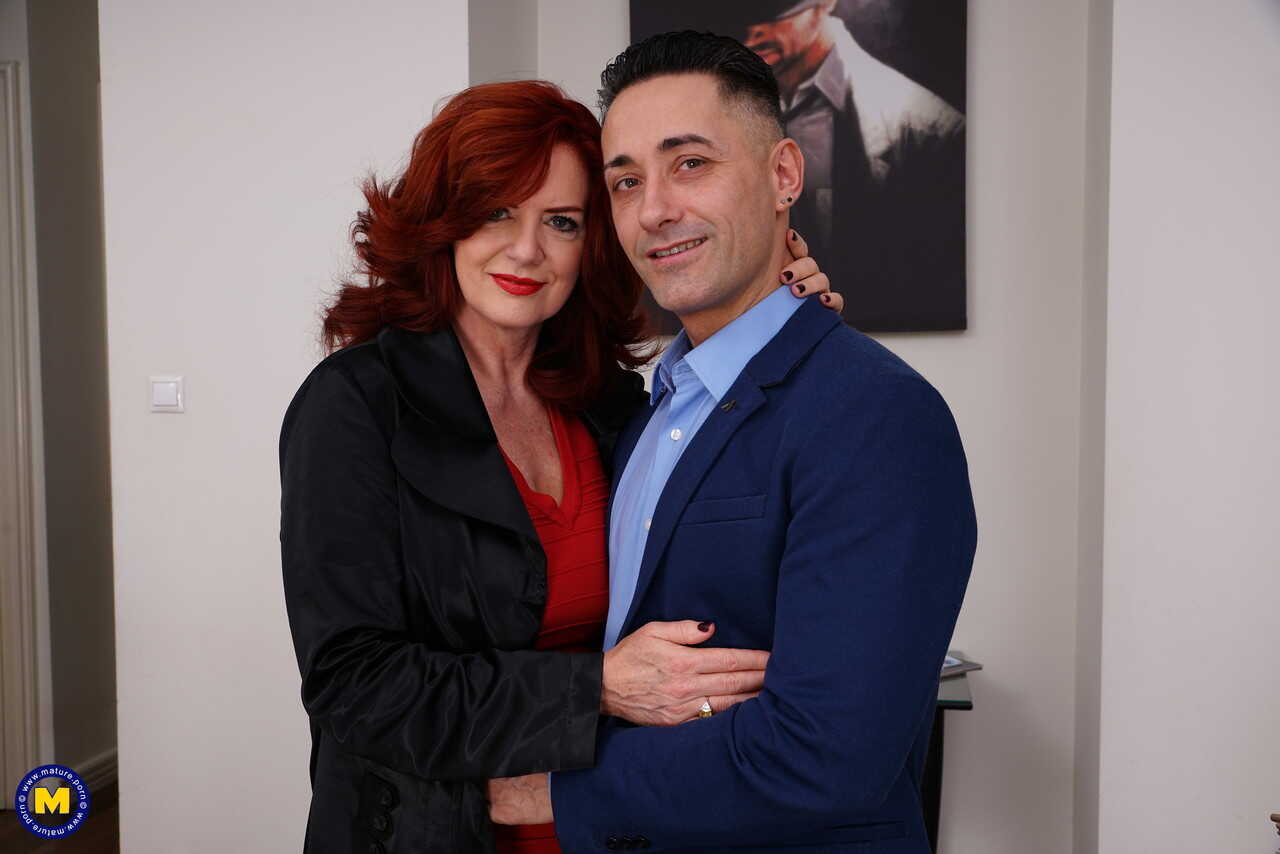 Mature redhead Andi James oozes jizz from her hairy pussy after a creampie sex with younger lover Mugur - Andi James, Mugur