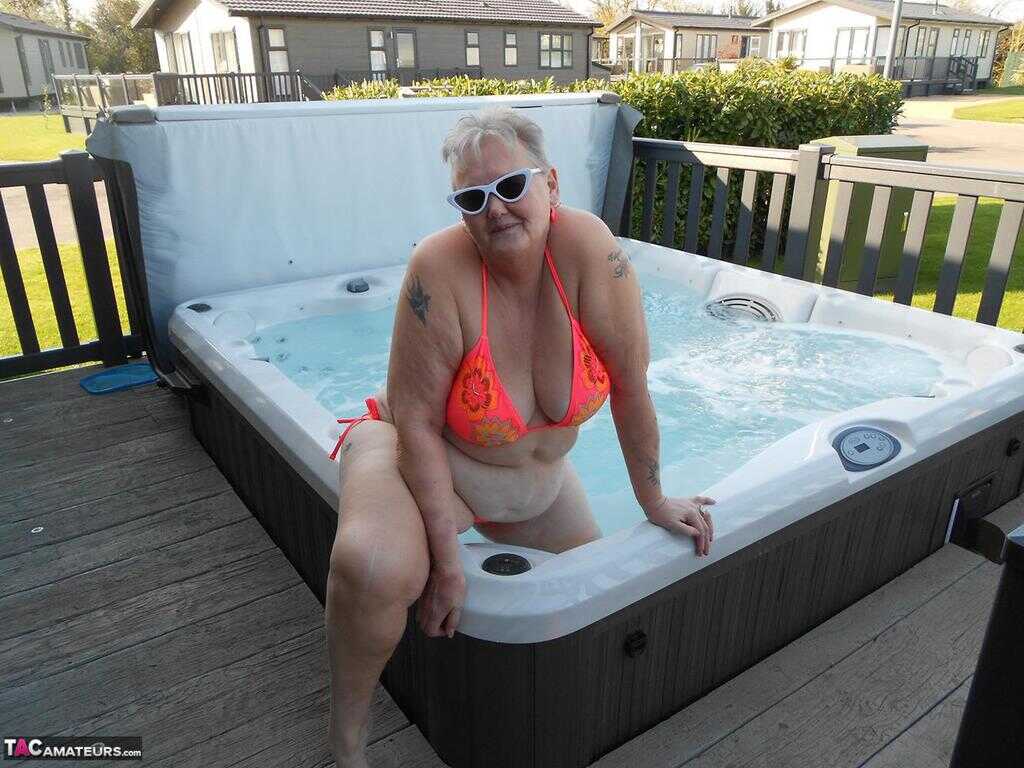 Fat Granny Bares All in the Hot Tub: A Patio Romp of Boobs and Butts