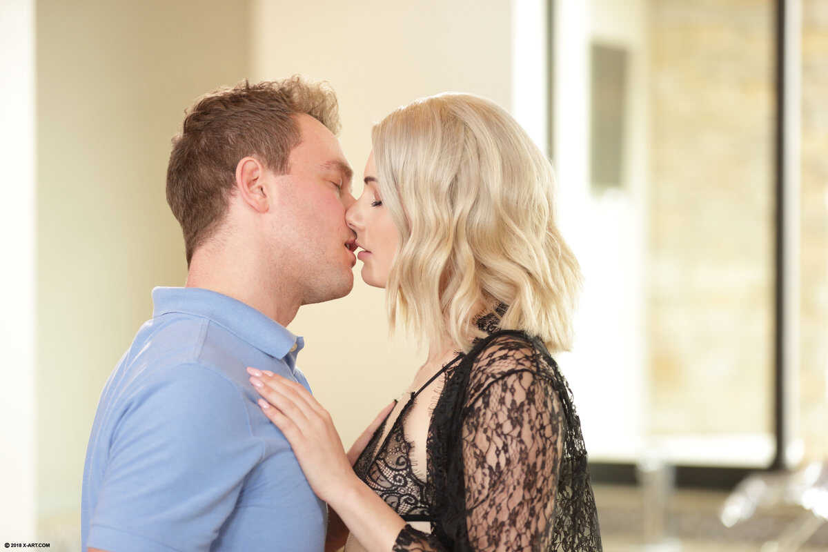 Platinum blonde bombshell Nella Jones sucks her guy's hard dick in black lace lingerie while he fingers her wet pussy...