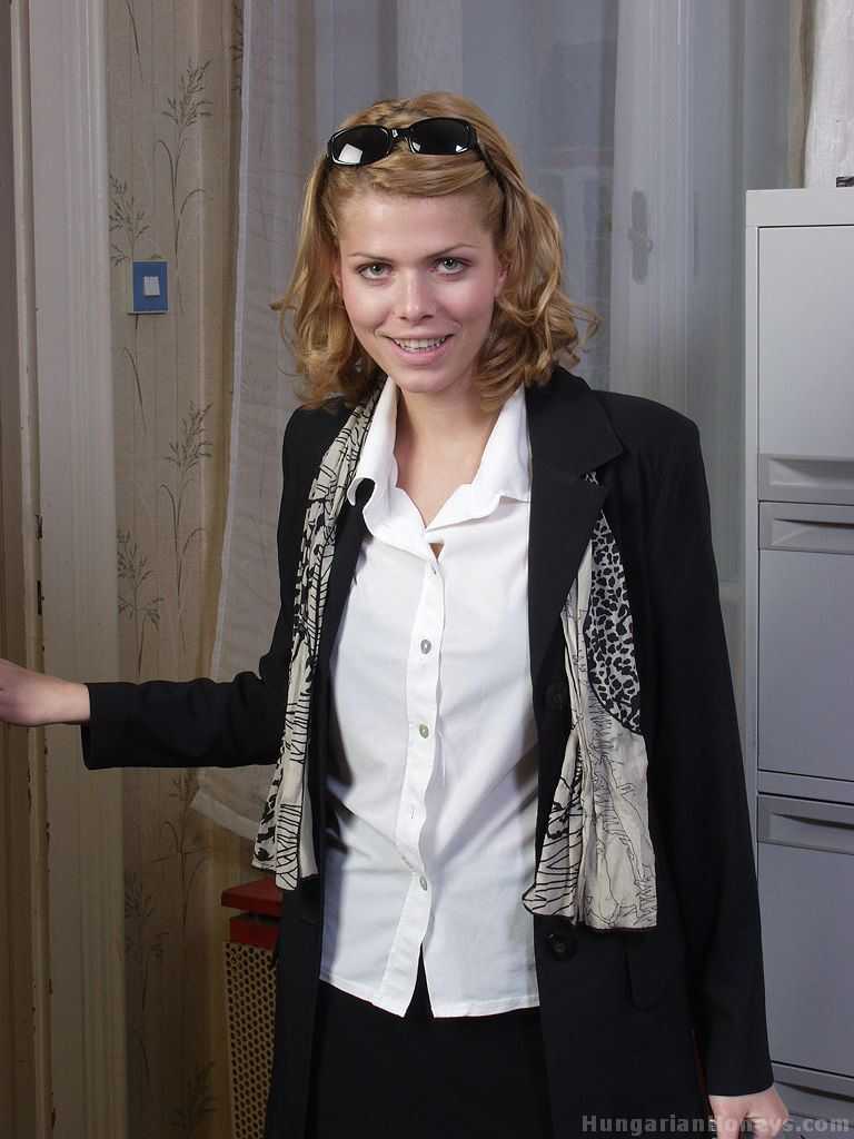 Blonde secretary gets her bare ass photocopied by Katalin Kiraly after stripping to her stockings - Katalin Kiraly