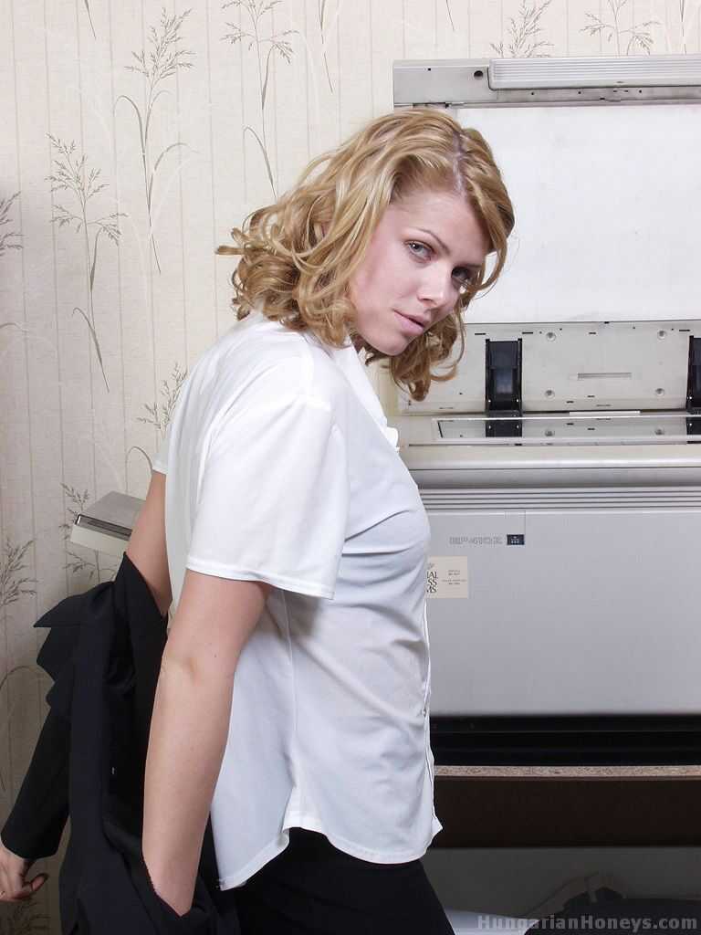 Blonde secretary gets her bare ass photocopied by Katalin Kiraly after stripping to her stockings - Katalin Kiraly