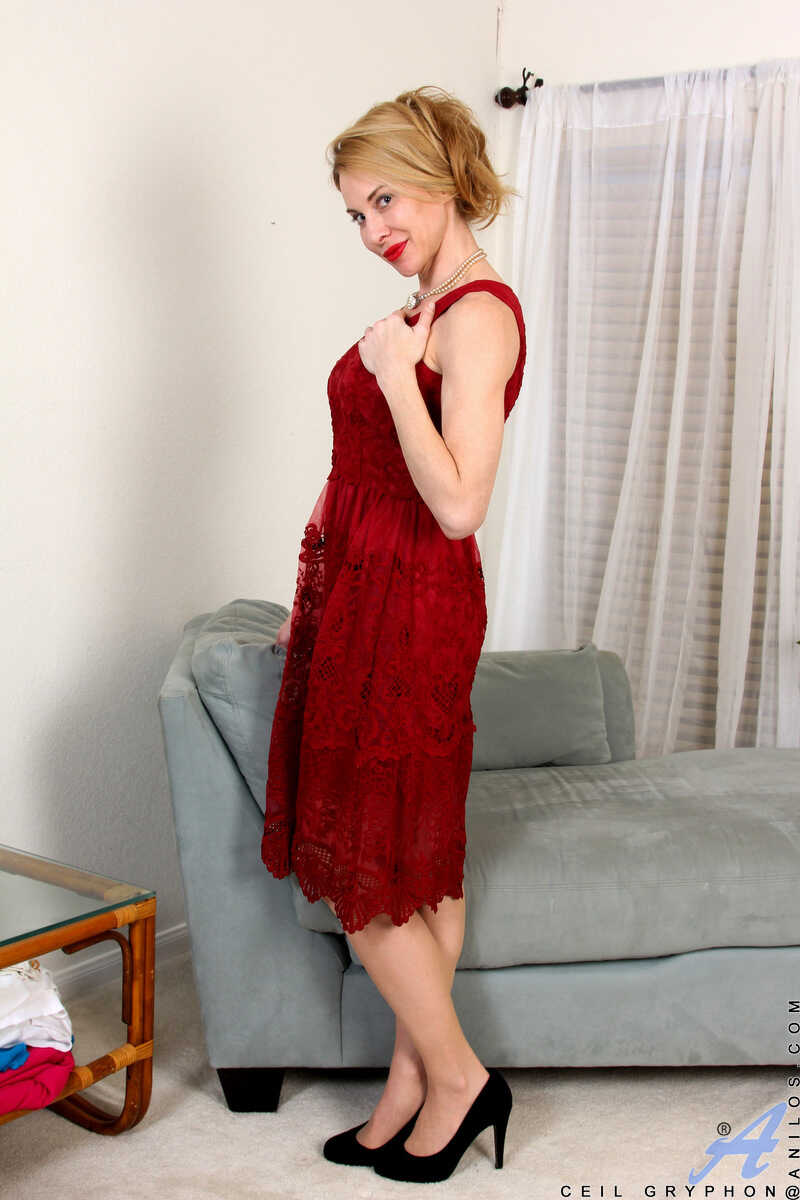 Blonde Housewife Ceil Gryphon Exposes Her Tan Nylon Snatch for the First Time - Ceil Gryphon