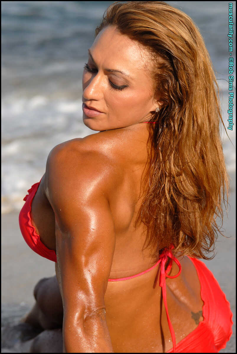 Huge Muscles and Enormous Boobs Karina Nascimento's Red Hot Beach Workout in a Micro Bikini - Karina Nascimento