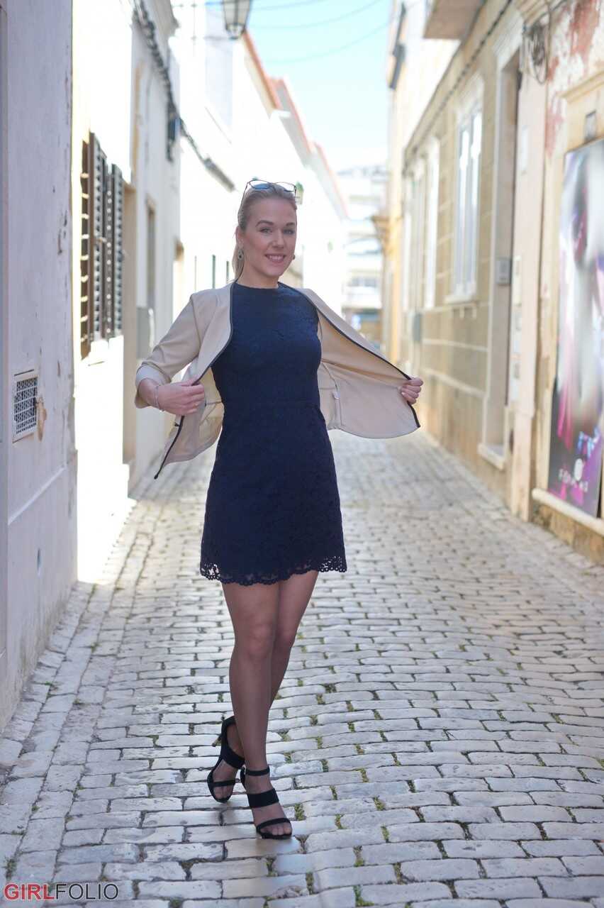 Blonde chick Aston Wilde slips off her black dress with pantyhose to follow, revealing a sexy lingerie ass in the process....