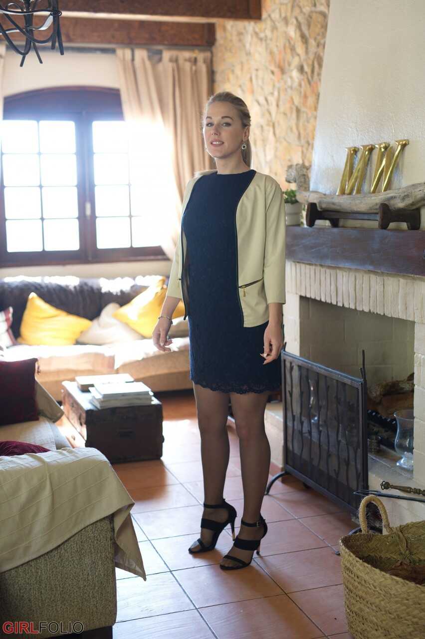 Blonde chick Aston Wilde slips off her black dress with pantyhose to follow, revealing a sexy lingerie ass in the process....