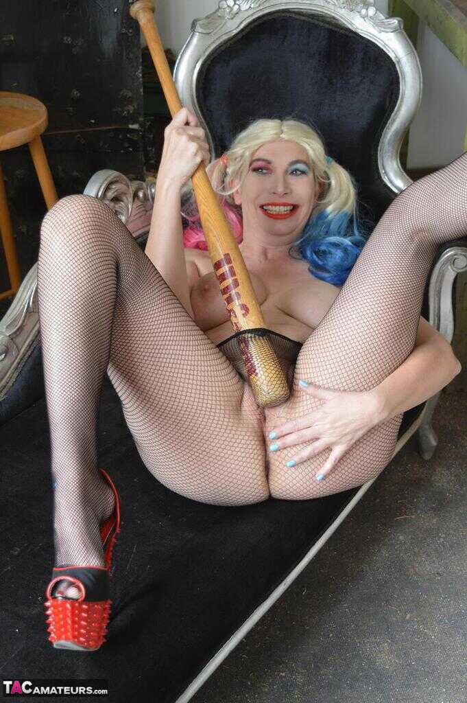 Blonde Barby Slut gets roughed up with a baseball bat while wearing crotchless hose - Barby Slut