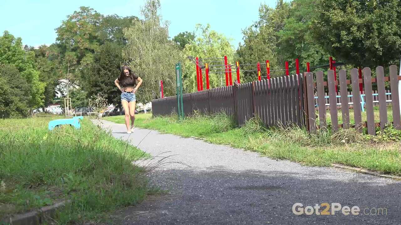 Sexy Brunette Chick Barbe Peeing While Showcasing Her Big Pussy and Ass in Shorts - Barbe