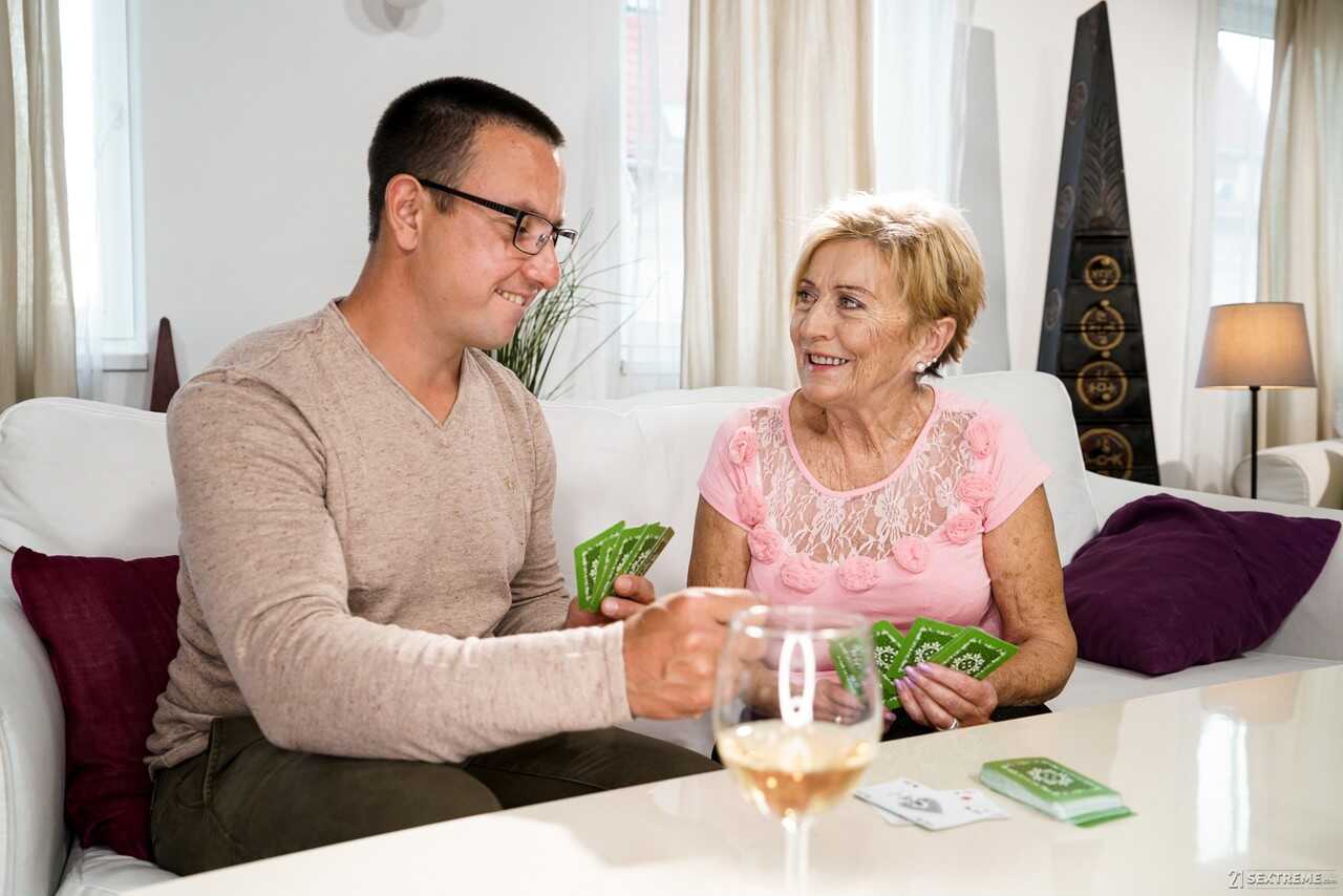 Rob's Horny Nana Malya Takes a Juicy Lick on the Younger Guy's Cock after Gambling - Malya, Rob