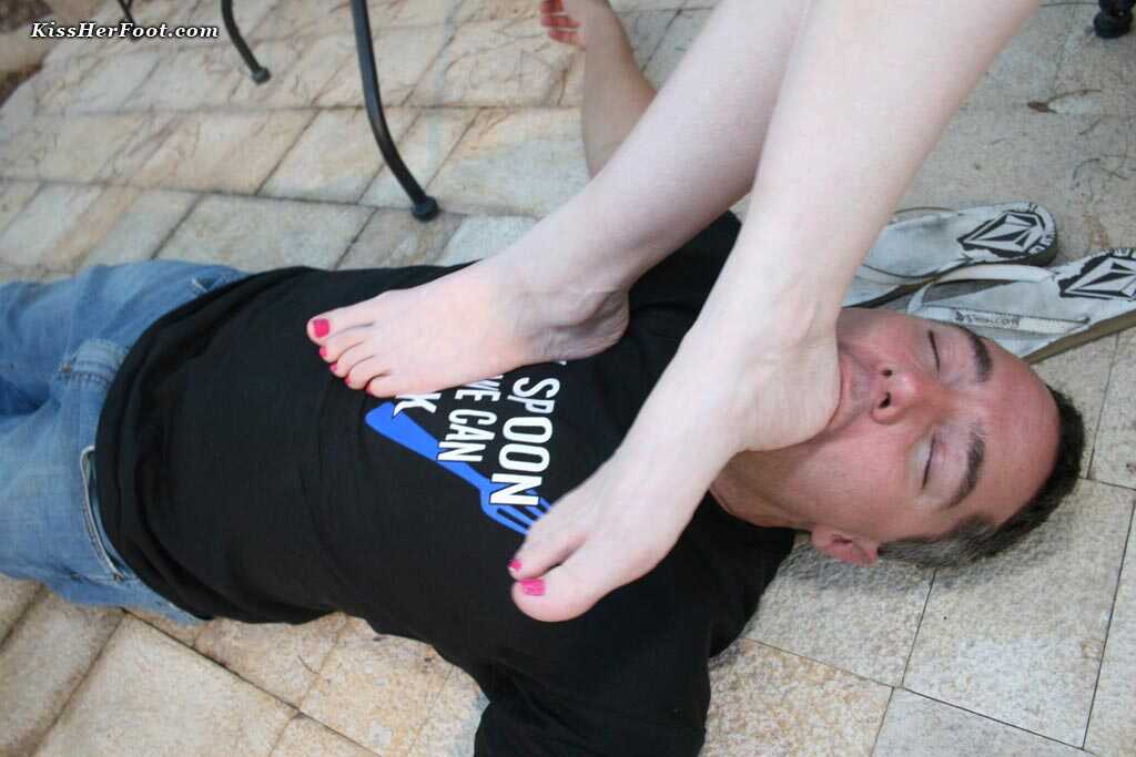 Feet-Worship with Mistress Kylie: Caucasian Goddess Rubs Her Soft Bare Feet Over a Submissive Man's Face on the Patio...