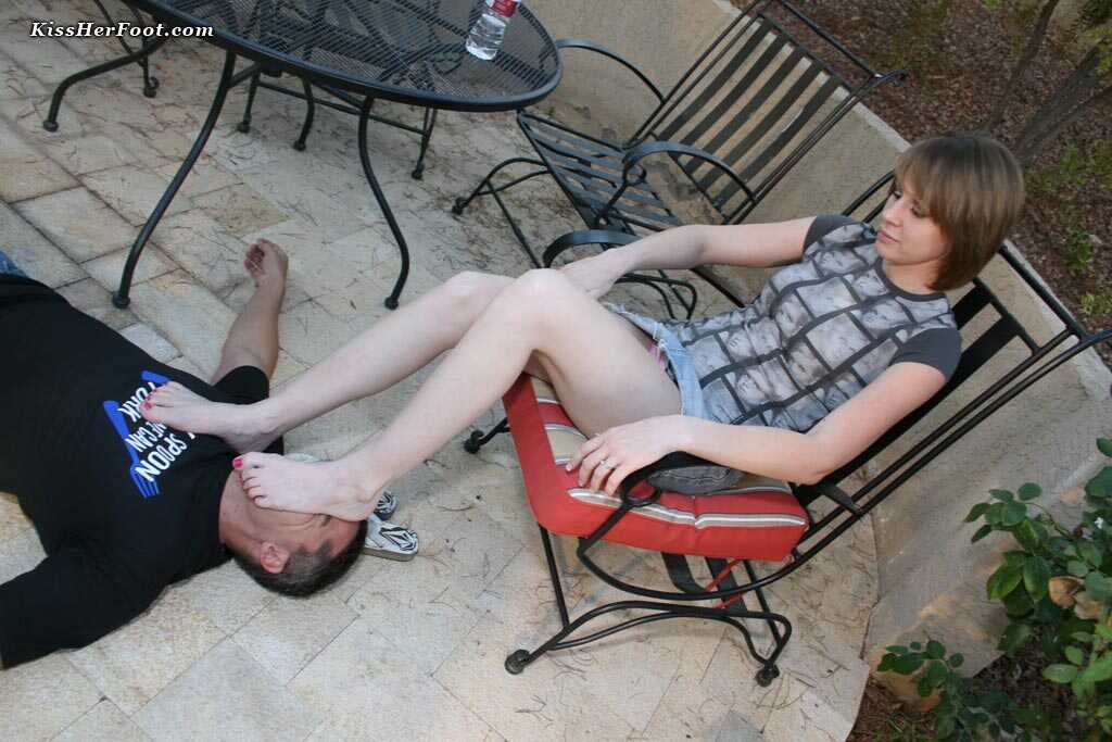 Feet-Worship with Mistress Kylie: Caucasian Goddess Rubs Her Soft Bare Feet Over a Submissive Man's Face on the Patio...