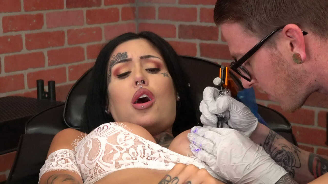 Busty Brunette Janey Doe Gets Inked While Pleasuring Her Giant Pierced Boobs! - Janey Doe