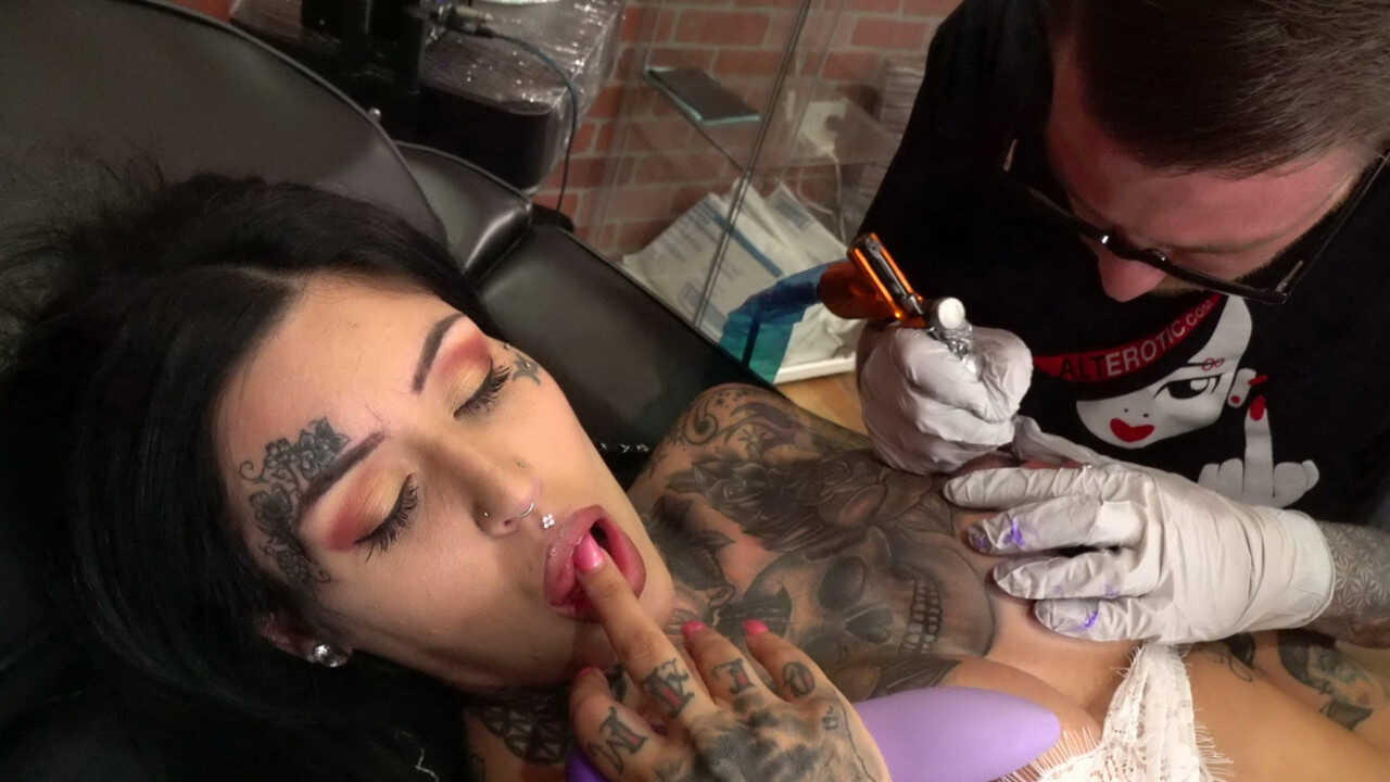 Busty Brunette Janey Doe Gets Inked While Pleasuring Her Giant Pierced Boobs! - Janey Doe