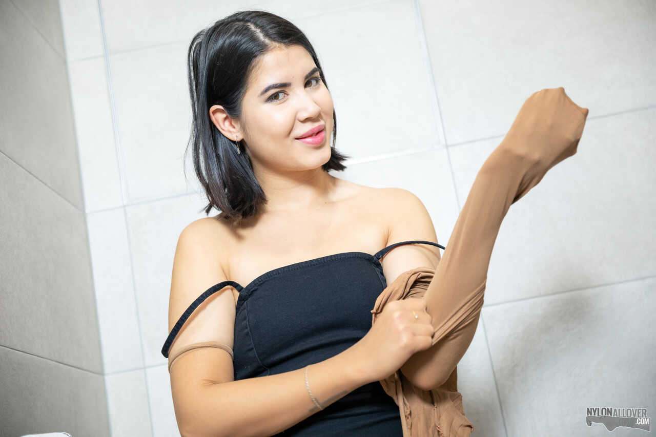 Dark-haired beauty Lady Dee encases herself in pantyhose while in a bathroom Teen Pantyhose, Skinny Pantyhose, Pantyhose A...