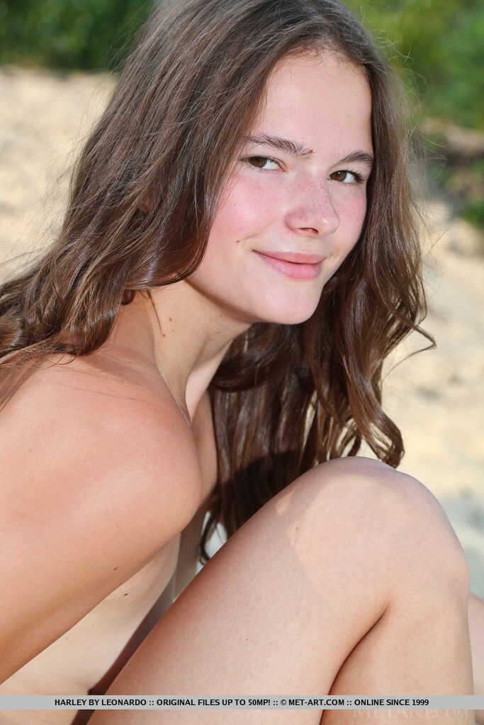 Nerdy Teen Harley Strips Down to Show Off Her Perky Brünette Small Tits on a Weathered Log - Harley