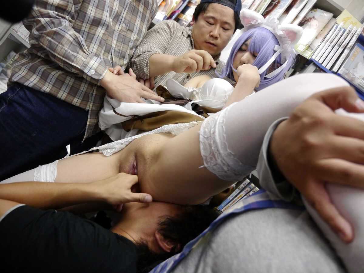 Japanese cosplayer Miku Oguri gets gangbanged by a group of horny adult video store customers while wearing her sexiest co...