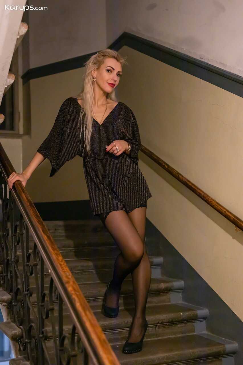 Blond amateur Milena's sexy black dress and stockings seduce her man friend's cock. - Milena
