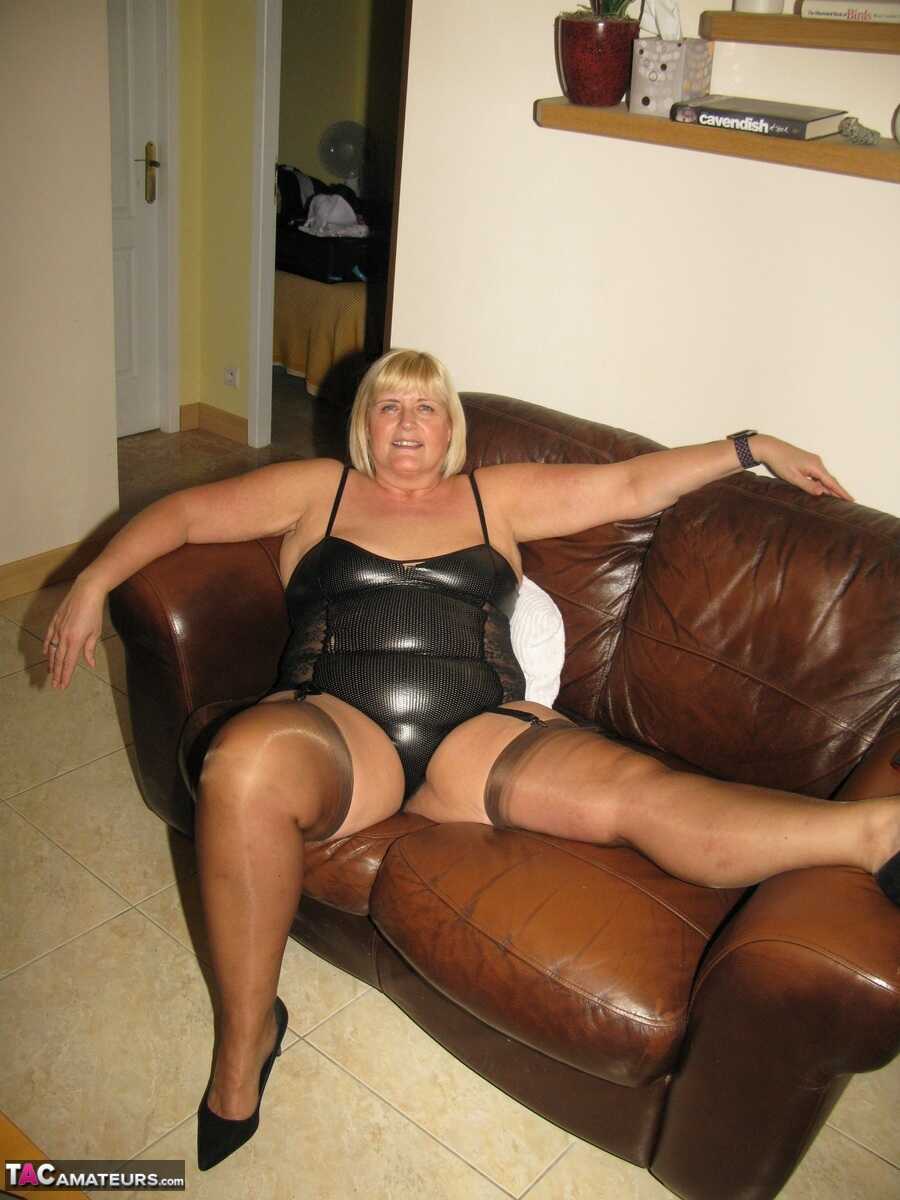 Amateur BBW Chrissy Uk releases her private parts from lingerie in stockings - Chrissy Uk