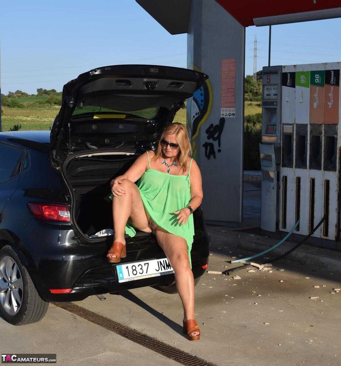 Thick and Curvy Nude Chrissy at the Gas Station   Mature Amateur Thick Thighs Exposes Boobs and Butt in Public