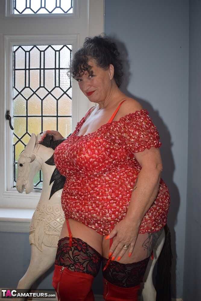 Fat Granny Loves Busty Kim's Huge Boobs and Big Ass in Over the Knee Boots - Busty Kim