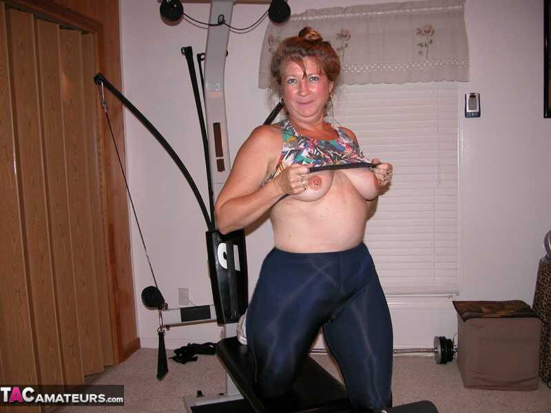Mature Devlynn in Yoga Pants Exposing Her Big Booty and Snatch on Home Gym Equipment - Devlynn