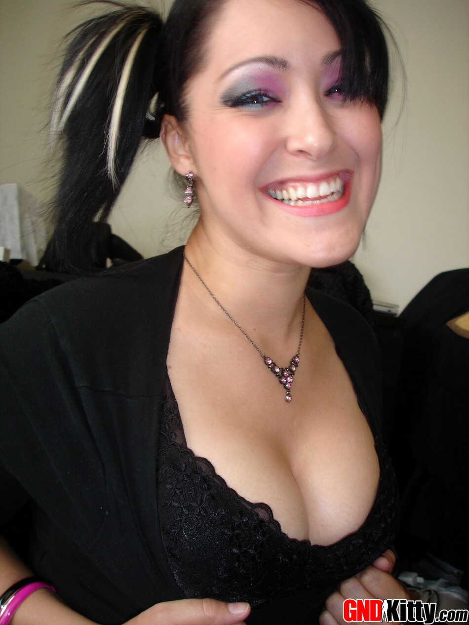 Naughty Little Schoolgirl: Cute Busty Asian Girl in Pigtails Strips Down to Black Lingerie - 