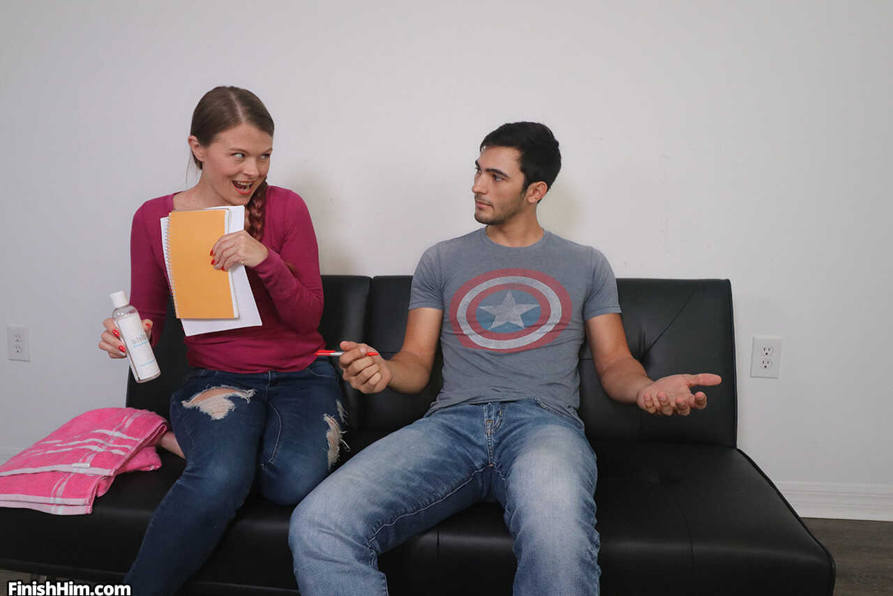 The Pussycats' Pornstar Tutor Clothed Girl Kitty Quinn Jerking Off Her Big Cock Teacher on a Black Sofa Leaving a Mes...