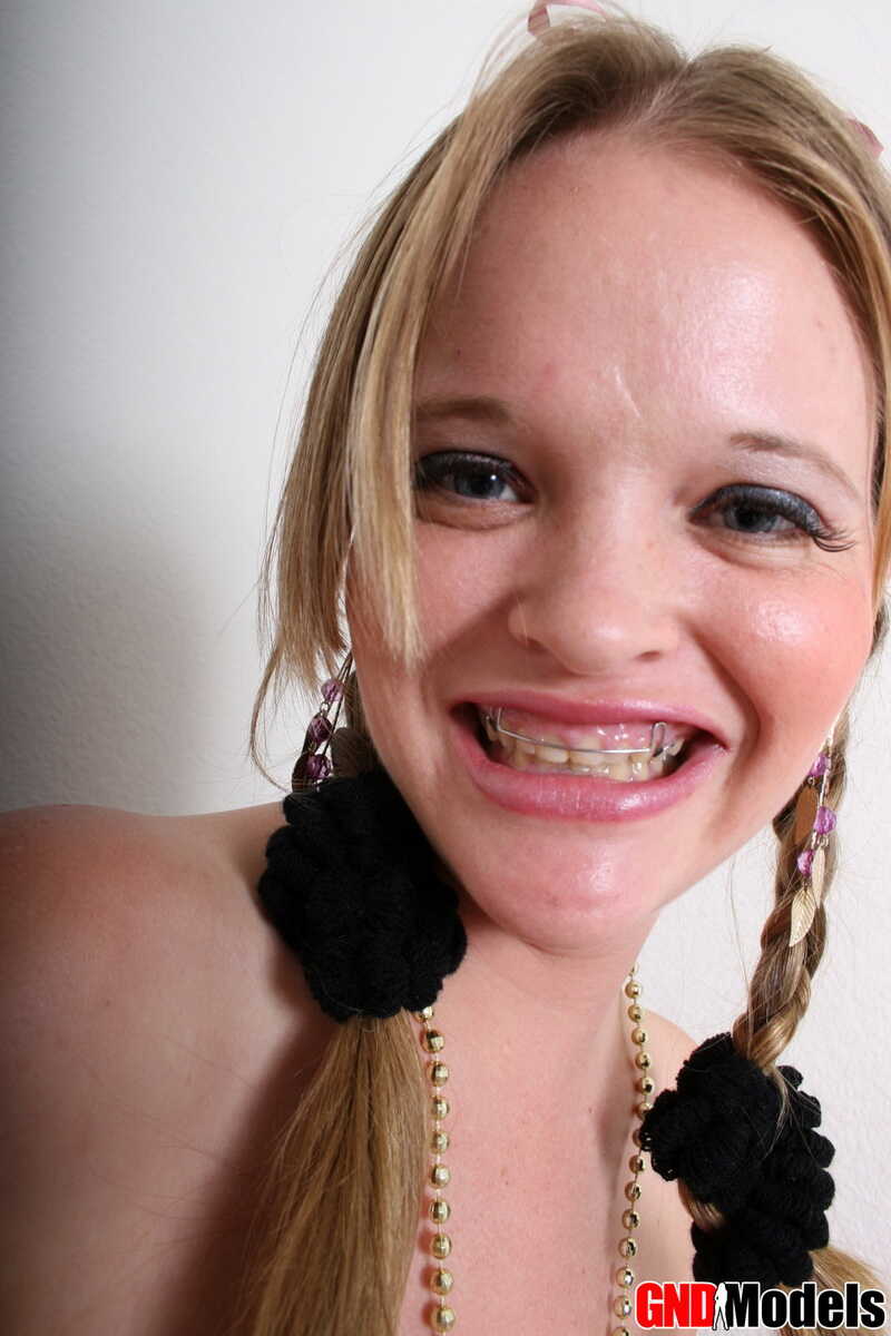 Pretty Little Blonde Kisses Her Tiny Boobies and Teases Her Braided Pigtails - Kissy Darling