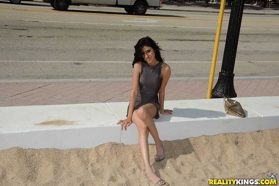 Dark haired Latina hooker flashes her trimmed pussy on the street to pickup up a John with Angel Del Rey - Angel Del Rey