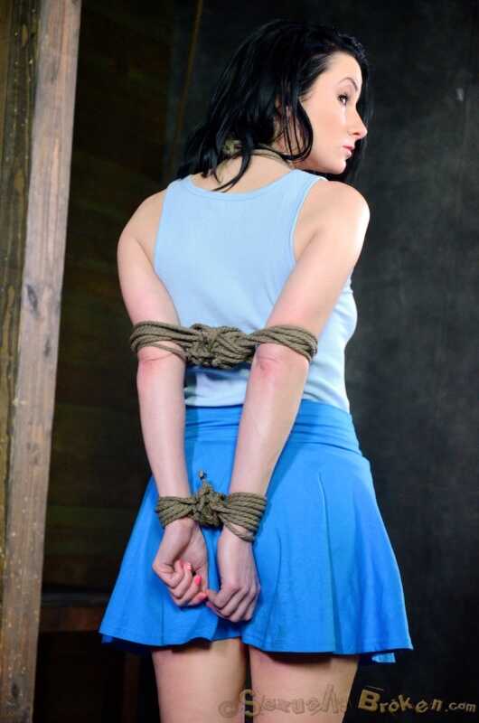 Dark haired Veruca James gets face fucked while tied up in a tight bondage scene - Veruca James