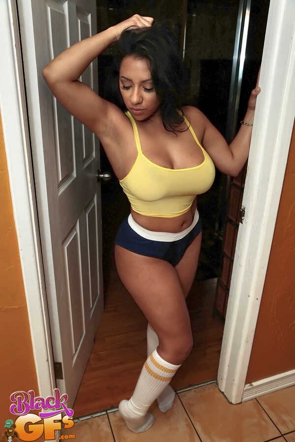 Thick ebony girlfriend in shorts sucking cock POV & getting covered in cum Priya's big tits POV - Priya Price