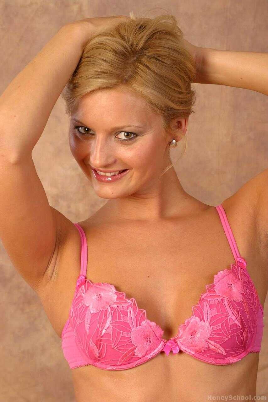 Natural blonde Jana Mala's tiny tits bounce as she rides a big dildo toy in her pink lingerie - Jana Mala