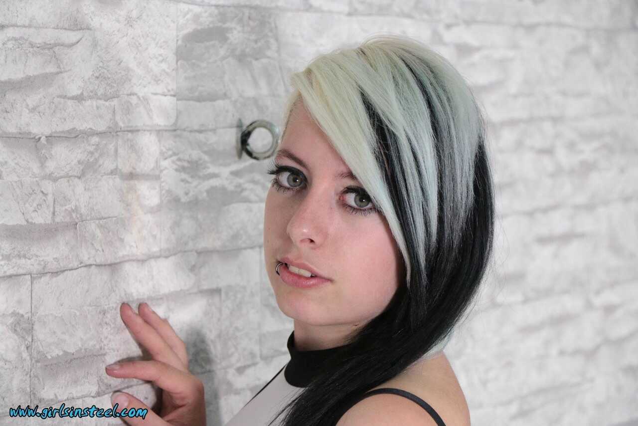 Dyed-haired White Girl Bound in Chains and Security Cuffs, Forced to Serve Her BDSM Master in High Heels - 