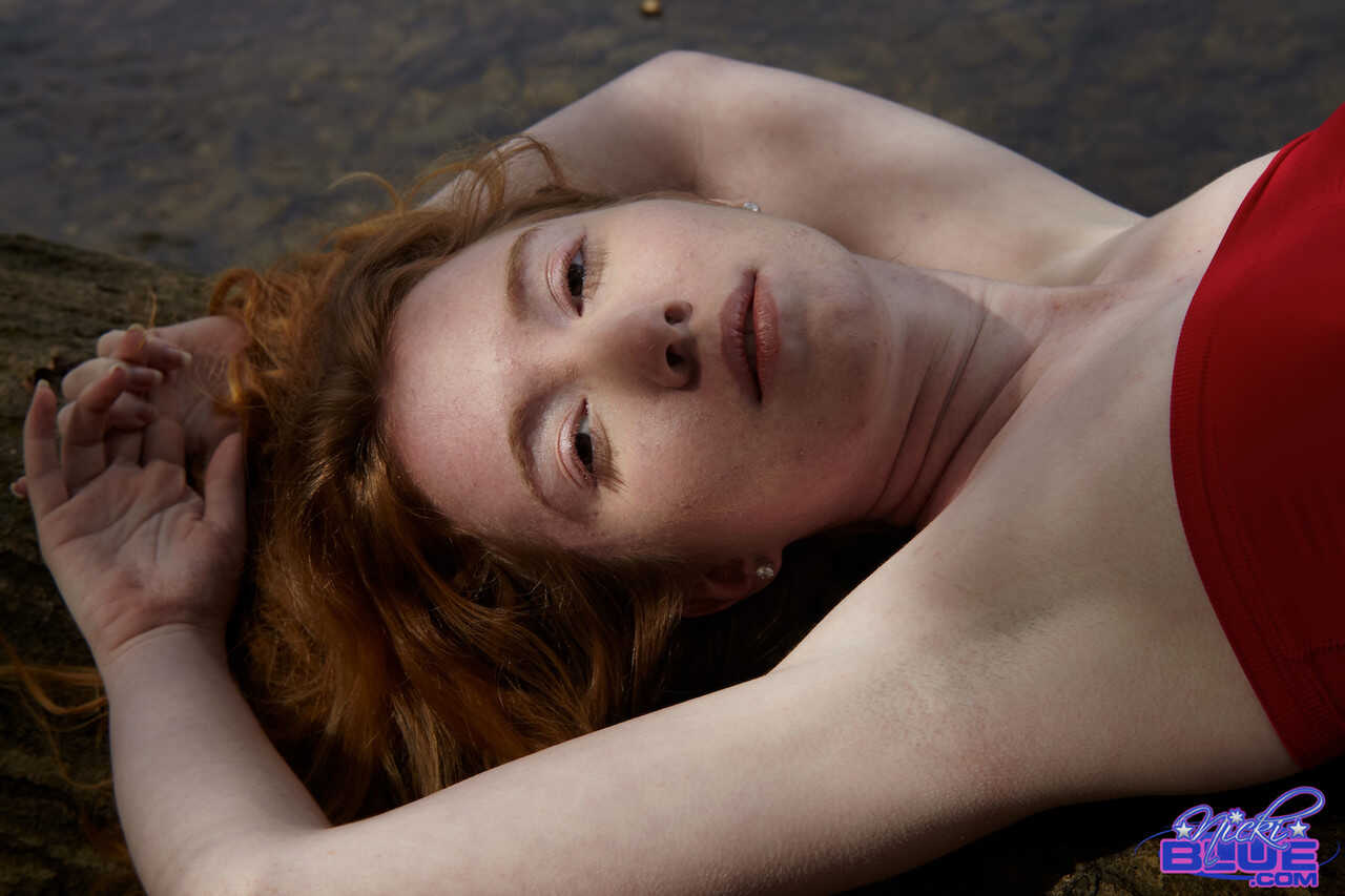 Naughty Little Redhead Nicki Blue Flashes Her Dainty Boobs and Soaks Her Saturated Lace Underwear in the Stream - Nicki Blue