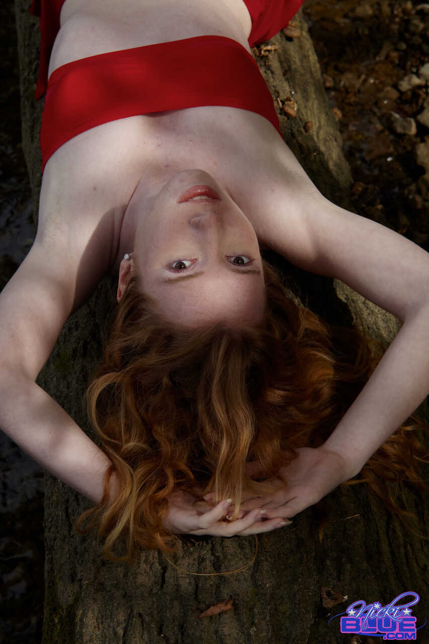 Naughty Little Redhead Nicki Blue Flashes Her Dainty Boobs and Soaks Her Saturated Lace Underwear in the Stream - Nicki Blue