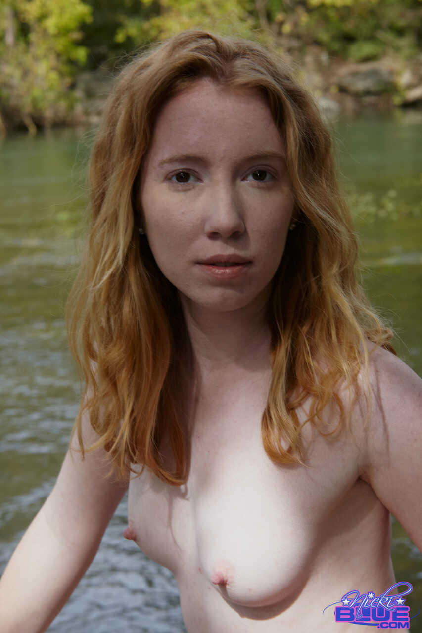 Naughty Little Redhead Nicki Blue Flashes Her Dainty Boobs and Soaks Her Saturated Lace Underwear in the Stream - Nicki Blue