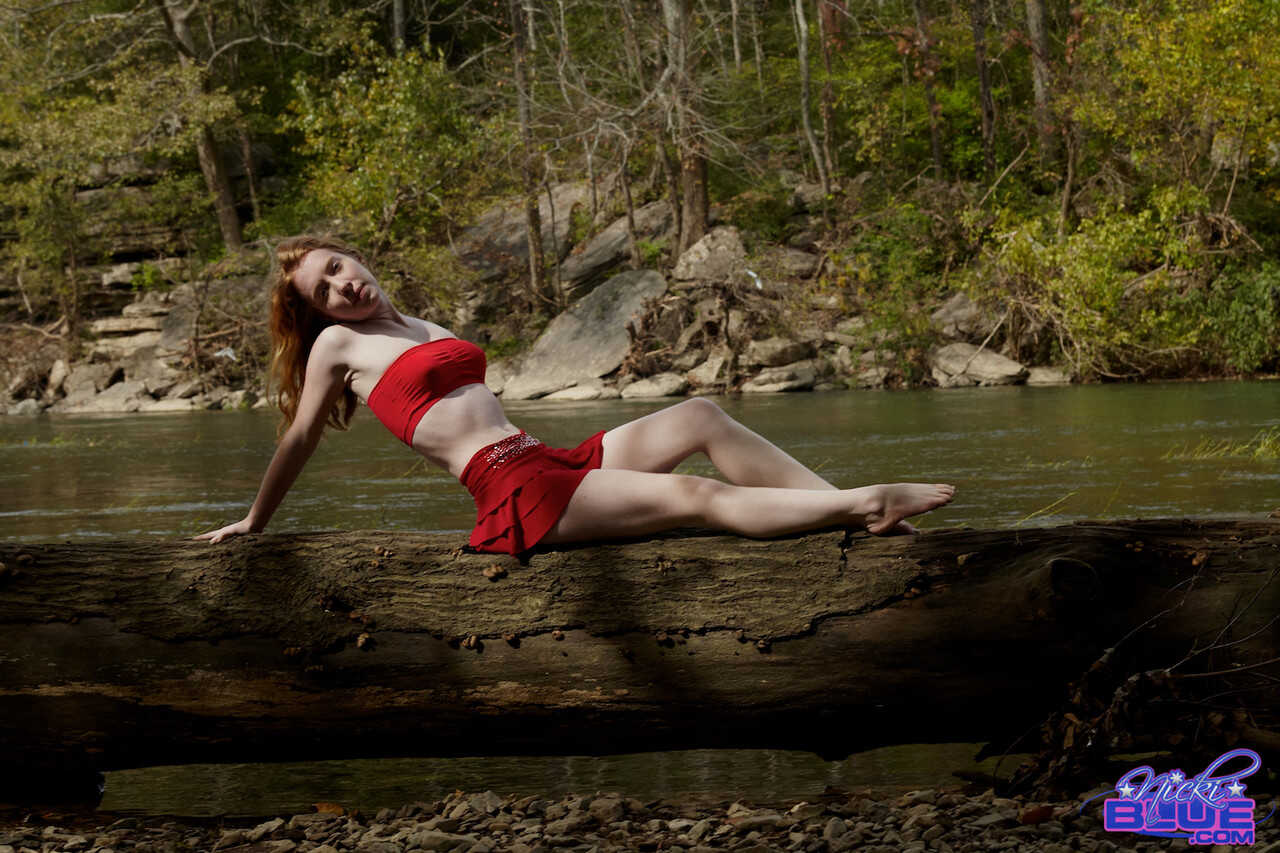 Naughty Little Redhead Nicki Blue Flashes Her Dainty Boobs and Soaks Her Saturated Lace Underwear in the Stream - Nicki Blue